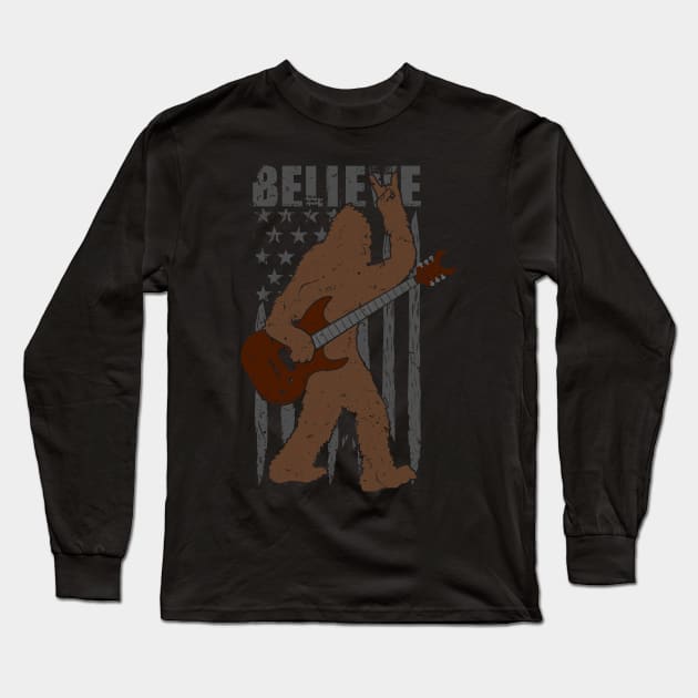 Bigfoot guitar rock and roll - Believe Sasquatch retro vintage Long Sleeve T-Shirt by Tesszero